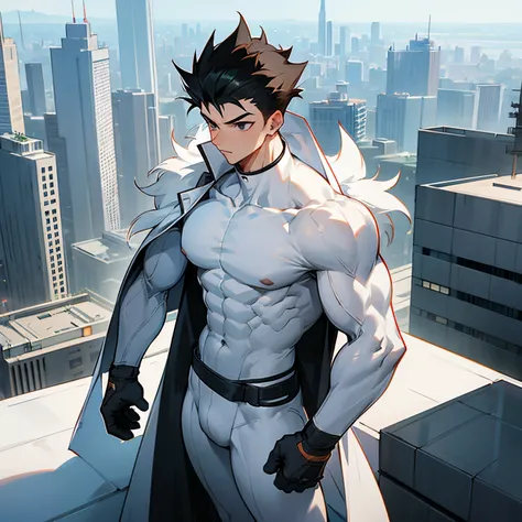 1male, , gon hair  black eyes, White combat clothing, standing on building, overlooking modern city, muscular , White Body Suit Underneath , muscular build , Black fur Overcoat,