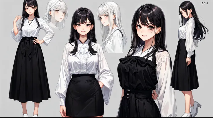 21 year old blackhead Japanese girl, smile, waistline length hair (((Big shining Black eyeusty:1.2))) ((( awkward shy posture))) Black pencil short skirt (White blouse) ((waist long hairstyle)) detailed character sheet, frontal view, side view, three quart...