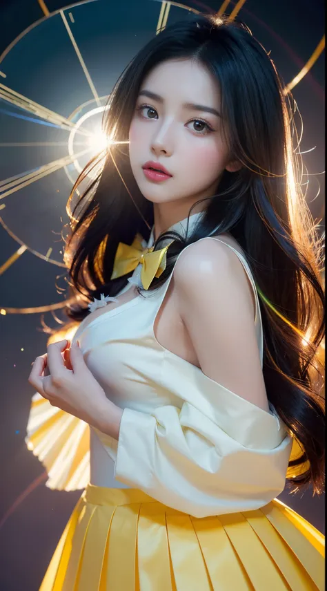 goldengravingstyle, ((illustration)), ((floating hair)), ((chromatic aberration)), ((caustic)), lens flare, dynamic angle, ((portrait)), (1girl), ((solo)), cute face, ((hidden hands)), asymmetrical bangeautiful detailed eyes), eye shadow, ((huge clocks)), ...