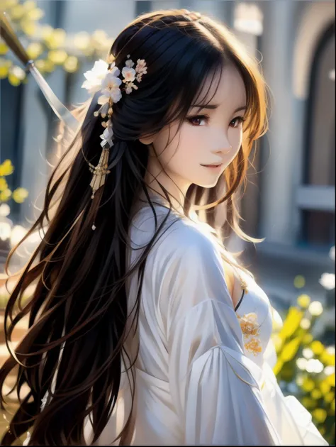 a woman in a white dress holds a sword in the crowd, royal palace ， a girl in hanfu, flowing hair and long coat, beautiful chara...