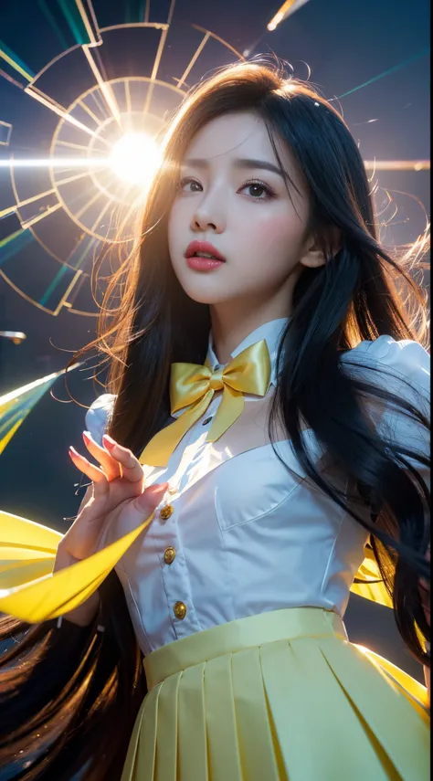 goldengravingstyle, ((illustration)), ((floating hair)), ((chromatic aberration)), ((caustic)), lens flare, dynamic angle, ((portrait)), (1girl), ((solo)), cute face, ((hidden hands)), asymmetrical bangeautiful detailed eyes), eye shadow, ((huge clocks)), ...