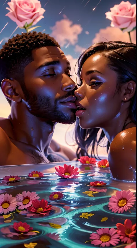 photorealistic, African American couple, kissing, beautiful, dark skin, sexy, (Best quality, 8k, 32k, Masterpiece, UHD), no bra, no shirt, naked, 32K wallpaper, romantic background, big ass, voluptuous, thick body figure, big lips, glowing skin, nighttime,...