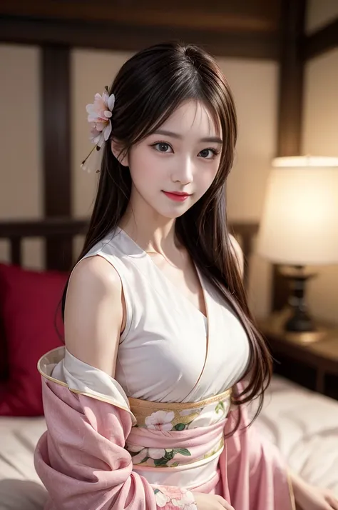 on top of the bed, Best quality, ultra - detailed,超高分辨率, 8k wallpaper, Perfectcomposition, beautidful eyes,  Natural lip color，Dignified and sexy,ssmile、looking at the camera in、A 20-year-old girl、s the perfect face，Looks similar to actor Li Qin，Chinese cl...