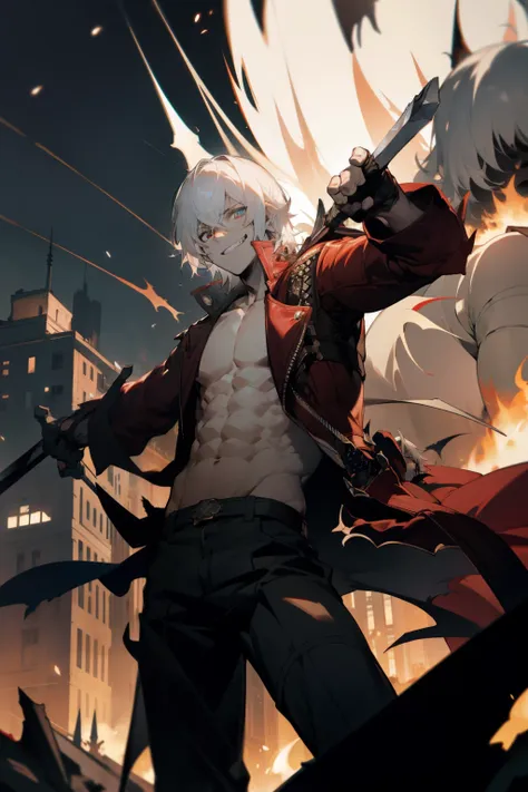 masterpiece, best quality, 1boy, dante, white hair, open clothes, coat, fingerless gloves, belt, city, detailed eyes, destroyed ...