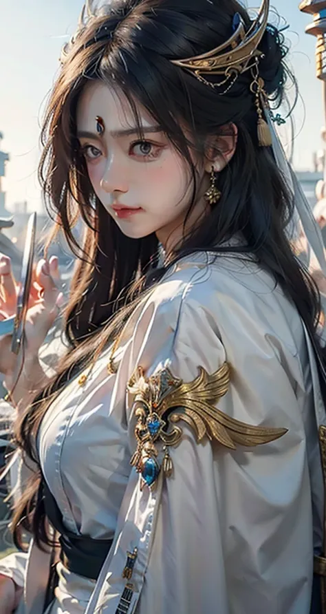 A woman in white holds a sword in the crowd., splendid palace ， a girl in hanfu, Flowing hair and long coat, beautiful character painting, by Yang J, Anime girls with long hair, guweiz, Holding a sword on her shoulder., Female anime characters, Shes holdin...