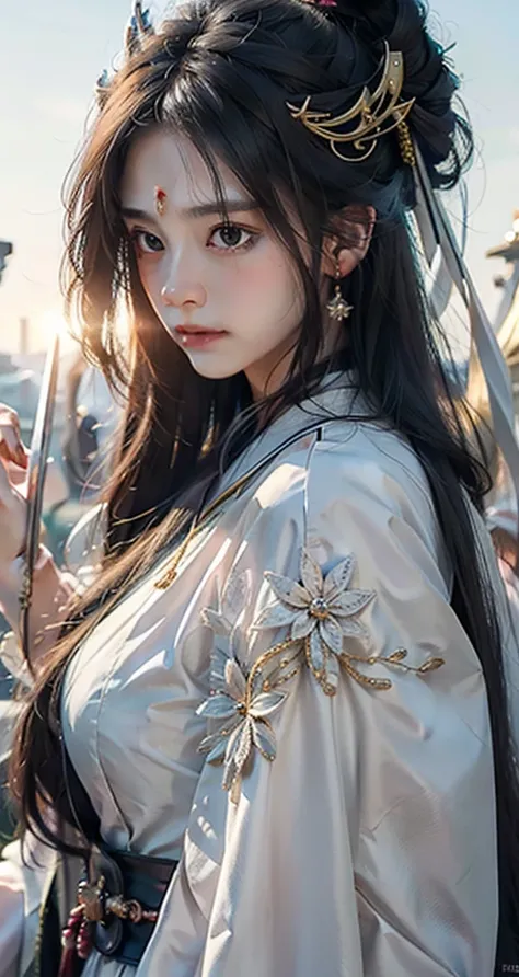 A woman in white holds a sword in the crowd., splendid palace ， a girl in hanfu, Flowing hair and long coat, beautiful character painting, by Yang J, Anime girls with long hair, guweiz, Holding a sword on her shoulder., Female anime characters, Shes holdin...