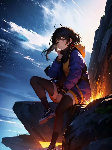 girl with, Wearing a down jacket，blows wind,Fluttering hair，gust of wind， Colorful, , ​masterpiece, Sit up,  side from , Bruised figure，A smile, starrysky, stele