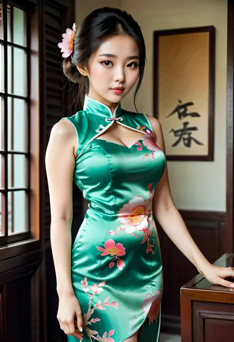 beautiful chinese 16 year old in tight silk qipao, large breasts,