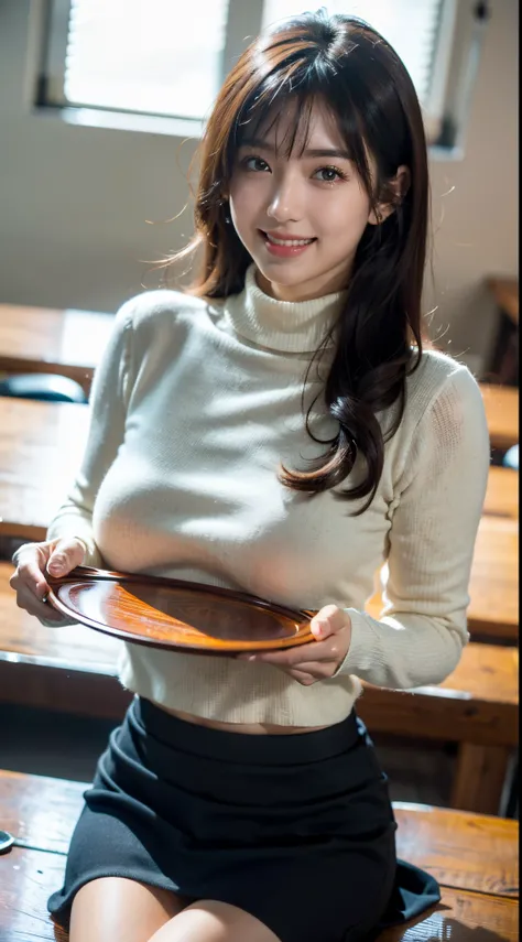 (Best Quality, Masterpiece, Photo realistic, Ultra Detailed, ultra high res, raw:1.3), (1girl, pretty, Japanese, 20yo), (smile), (turtleneck sweater), (breasts on tray, round tray), mini-skirt, cafe, bangs,