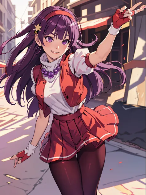 (masterpiece), (best quality), (ultra-detailed), intricate detail, athena97, 1girl, solo, purple eyes, purple hair, long hair, white earrings, red hairband, star hair ornament, medium breats, red vest, white turtleneck, white puffy sleeves, short sleeves, ...