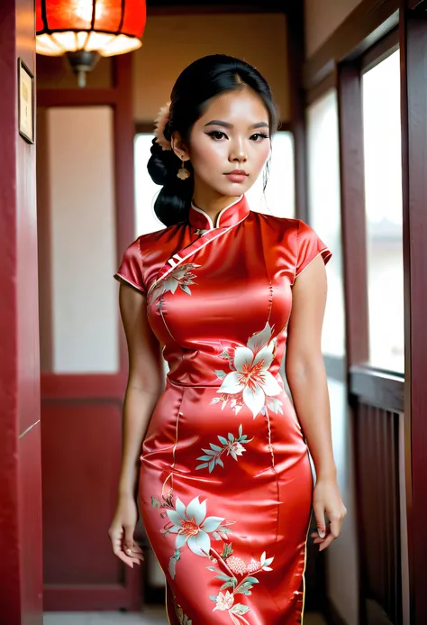 Beautiful Native American 16 year old in tight silk qipao, large breasts,