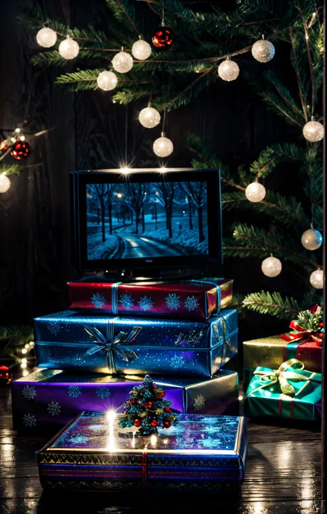 (best quality,4k,8k,highres,masterpiece:1.2),ultra-detailed,realistic,gifts,table,Christmas tree,decorations,wrapping ,bows,ribbon,presents,holiday spirit,vibrant colors,warm lighting,cozy atmosphere,toys,cards,candles,snowflakes,joyful,celebration,exquisi...