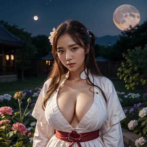 best quality, high_resolution, distinct_image, detailed background ,girl, hanbok,flower,garden,moon, night, enormous breasts