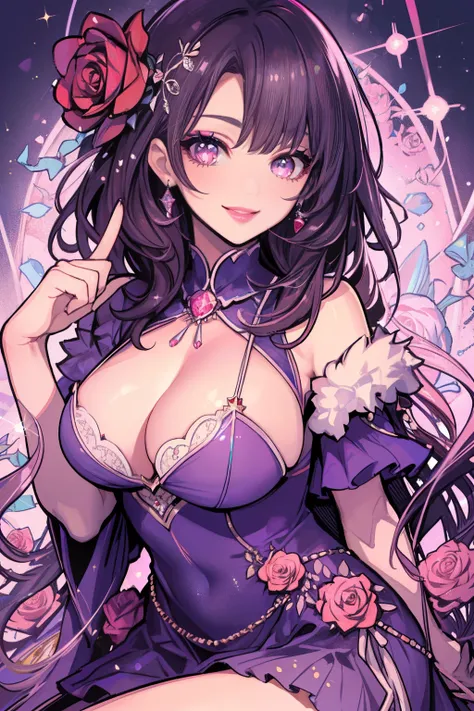 Beautuful Women, many red roses, sparkly eyes, False lashes, Pink lips, A smile, large full breasts, sexy rose dress, Thumb and four fingers, Anatomically correct fingers, detail portrayal,