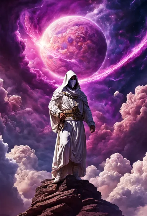 ((master piece)), ku klux klan member realistic best quality, (8k, best quality, masterpiece:1.2), ultra-detailed, illustration, Science fiction, many planets in the skies , clouds around, purple energy scarring around, astral skies