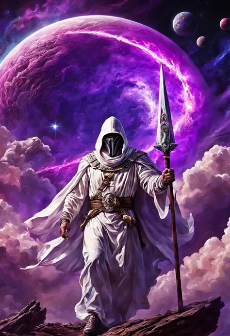 ((master piece)), ku klux klan member realistic best quality, (8k, best quality, masterpiece:1.2), ultra-detailed, illustration, Science fiction, many planets in the skies , clouds around, purple energy scarring around, astral skies