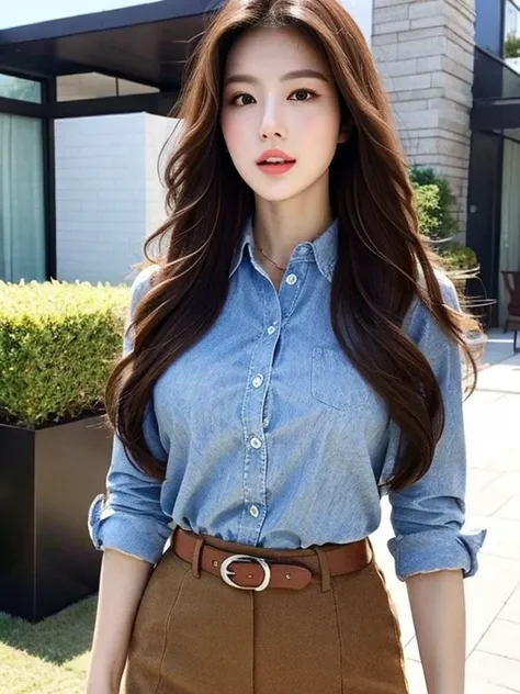 (Best quality, High resolution, Masterpiece :1.3), A tall and pretty woman, Slender abs, Dark brown hair styled in loose waves, Breasts, Wearing pendant, White button up shirt, Belt, Black skirt, (Modern architecture in background), Details exquisitely ren...