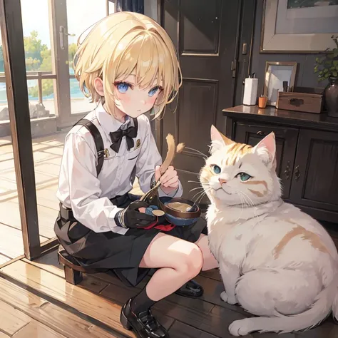 Shota, 1 boy, short blonde hair, petting a cat, ultra detailed.