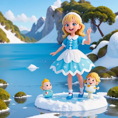 Garotinha de 8 anos, blond hair, boneco de neve, feliz e sorrindo. Palavra Julia desenhado com rochas coloridas na neve, lago congelado, blue skies. Vestido colorido.