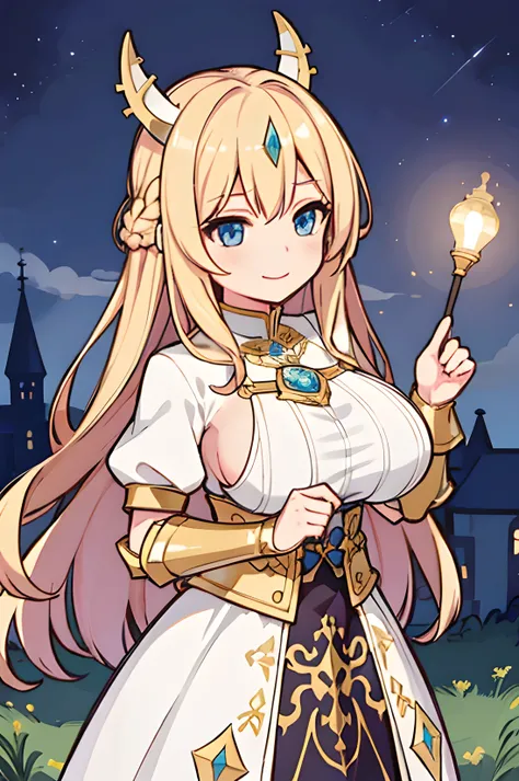 ((Best quality, tmasterpiece)),  ((Style swirl magic):0.5)
1 busty girl, white and gold armor, braided blonde hair, rays of moonlight , ((moon full):0.5),  external, clouds on background,Fantastical, medieval times, castle in background