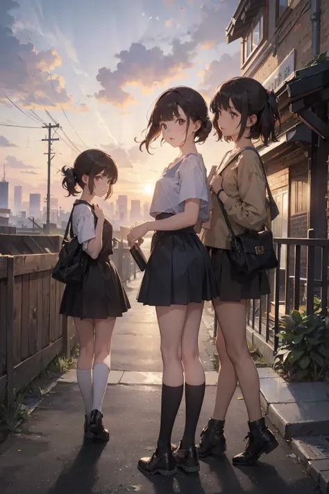 twin girls，cartoonish style，in the city at sunset、