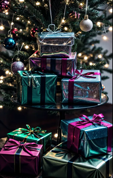 (best quality,4k,8k,highres,masterpiece:1.2),ultra-detailed,realistic,gifts,table,Christmas tree,decorations,wrapping ,bows,ribbon,presents,holiday spirit,vibrant colors,warm lighting,cozy atmosphere,toys,cards,candles,snowflakes,joyful,celebration,exquisi...