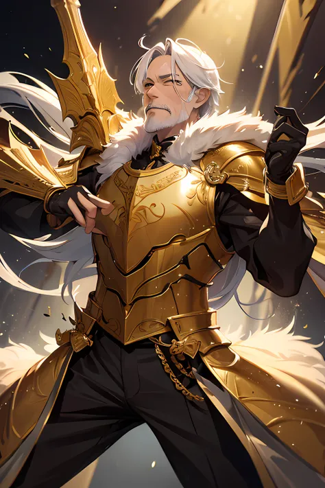 A cocky old man in golden kings armor