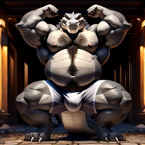 all gray crocodile、gray scales all over the body、crocodile body、gray belly、thick fat、Extreme obesity、Ball-like belly、Kick Pose、Yakuza、The tattoo、Angle from diagonally above、large amount of pubic hair、large amount of chest hair、Lots of armpit hair、、Big gold...