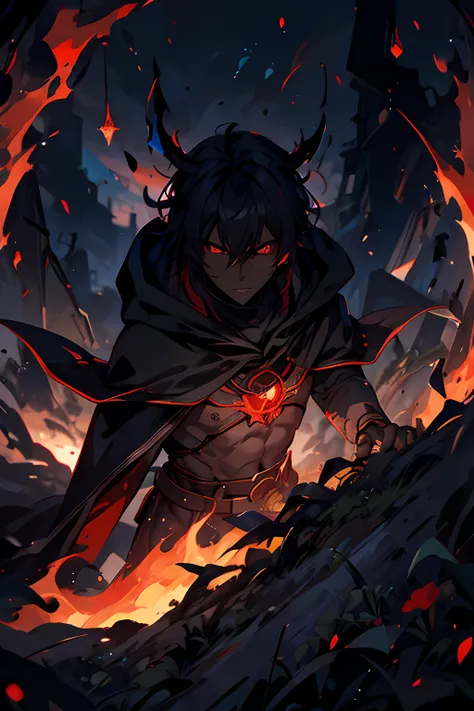 25 year old dark skinned male in a dark cloak with red eyes, holding black flames