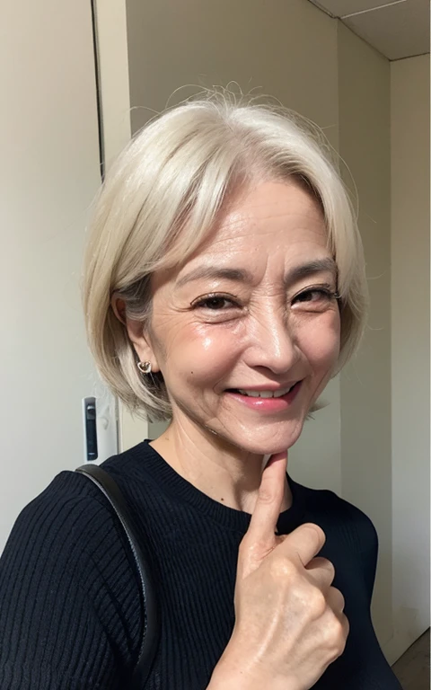 japanese mature, (Solo), 50 years old, (Wrinkles at the corners of the eyes:1.5), Large breasts, A MILF, glamor, A sexy, Chromo-white skin, Wavy Longhair, Looking at Viewer、Super large udder、Wearing a black knit off-shoulder dress、Tight fit knit dress Cheu...