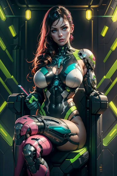 Alison Tyler as a bodybuilder cyborg with bionic parts in your body, cyberpunk swinsuit, pink-white-lime green, reading a magazine leaning on your crossed legs on the futuristic chair, futuristic lab, blueprint, photostudio composition, digital art, illust...