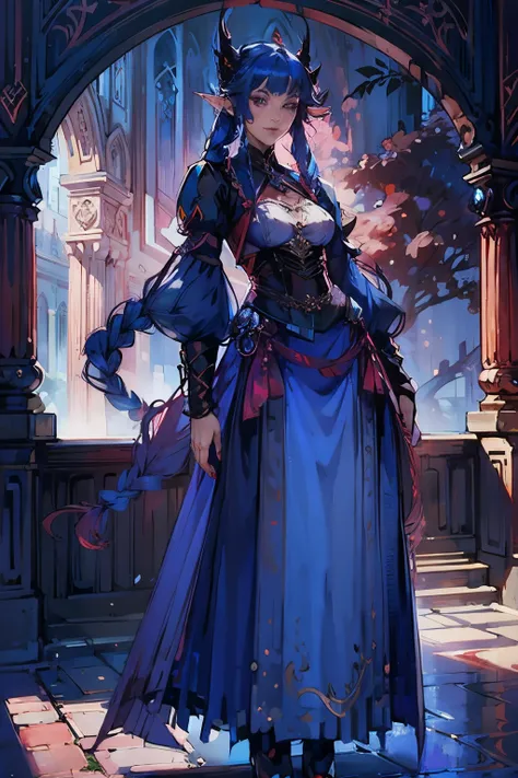 tmasterpiece， （Elf Girl，blue beautiful hair，a pink eyes，Long skirt in dark red color，slanted bangs，pigtails，double-ponytail，Twist braids，crystal， number art，， vivd colour ，stand posture，  Pan&#39;antasiyat，独奏，ellegance， s，Grinning