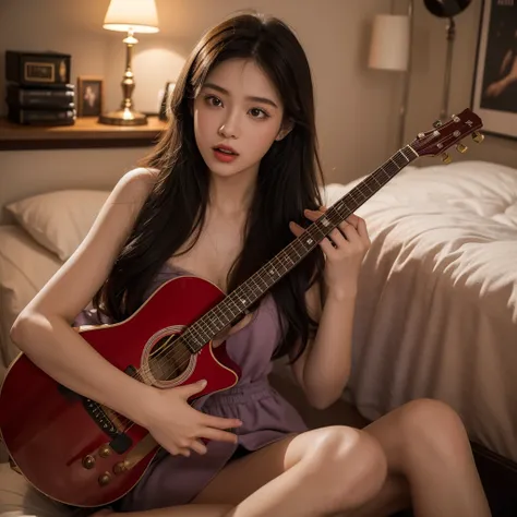 A girl alone in a messy room, playing guitar, with a focus on her mouth. She has perfectly applied red lipstick and her lips are slightly parted as she sings along with the music. The room is filled with scattered clothes, empty coffee cups, and posters of...