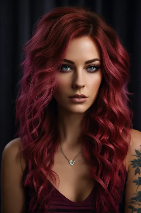 un gros plan d&#39;une femme aux cheveux roses et aux tatouages, curly pink hair, Couleur de cheveux spectaculaire, Style de couleur rose et rouge, cheveux roux ondulés et vibrants, cheveux roux et traits attrayants, cheveux ondulés rouge vente, cheveux ro...