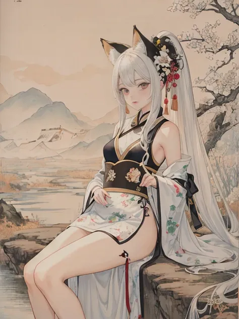 ((4K, Masterpiece, Best Quality)), Ink Painting, Traditional Chinese Ink Painting, Lotus, Hanfu, Maxi Kit, Modestly Dressed One Girl, Solo, White Hair, Long Hair, Fox Ears, Caucasian, Bikini, Fish, Many Nearby fish looking at viewer teasing