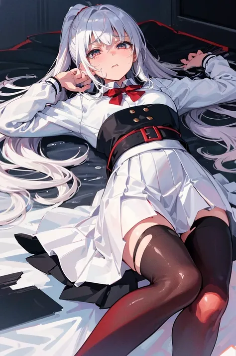 ((Best quality at best))Looking down at the group，spread thighpose the bottom of your skirt to the audience，Clothes were taken off，((Best quality at best)), ((tmasterpiece)), (Detailed pubic hair), s the perfect face，White hair，High ponytail，Anime shoujo，L...