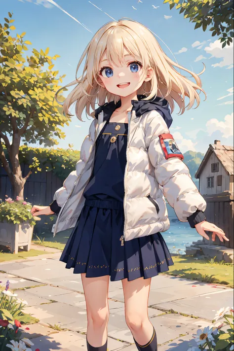 Best Quality, ultra-detailliert, Wear a down jacket, 1 young girl（8years old）,a beauty girl，（Hair that flutters in the wind）A smile， Arm in arm, platinum-blonde-hair, region: Russians，flat chest，Perfect limbs，The morning sun shines