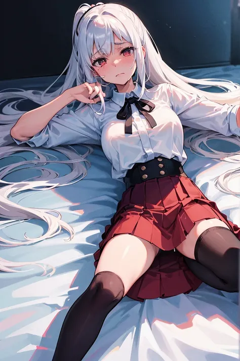 ((Best quality at best))Looking down at the group，spread thighpose the bottom of your skirt to the audience，Clothes were taken off，((Best quality at best)), ((tmasterpiece)), (Detailed pubic hair), s the perfect face，White hair，High ponytail，Anime shoujo，L...