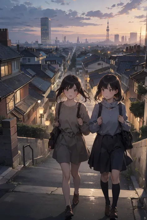 twin girls，cartoonish style，in the city at dusk、lots of people