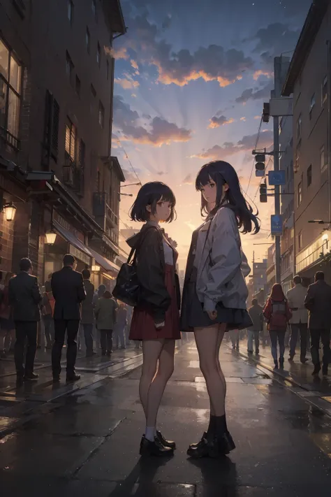 twin girls，cartoonish style，in the city at dusk、lots of people