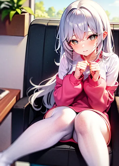 sitting on computer chair，sfw white stockings long legaek ha blushed，raised your legs，revealed，next to it is a computer，in pink