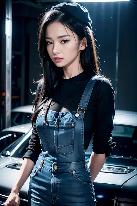 asian girl , Realistic photography style lighting,, , long black hairstyle, tattoo , hammer stand,Wear a black cap, Wear black sunglasses....., Wearing blue jeans overalls, At the car repair shop,Car repair,, background , nighttime,