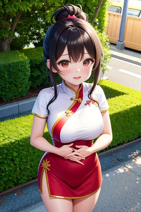 ultra - detailed，tmasterpiece，Best quality at best，love letter，blush blush，Yazawa Nico,red eyes, On the cheongsam,face flushed,Blunt hair,Curved body, On the ground, Beat the , upper legs，chubbiness，ssmile，both hands on hip，Overflowing breastig Cleavage，Lo...