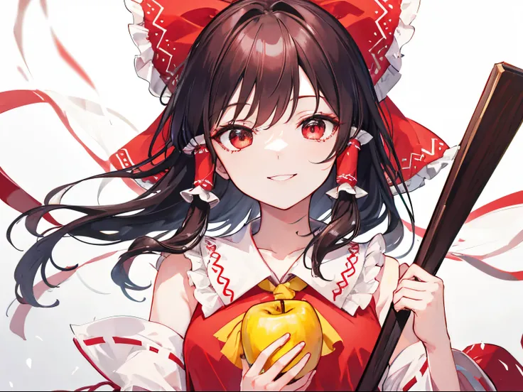 Hakurei Reimu,Touhou project, smile, white hair, half body, holding apple