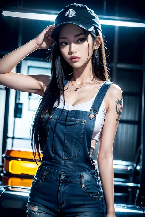 asian girl , Realistic photography style lighting,, , long black hairstyle, tattoo , hammer stand,Wear a black cap, Wear black sunglasses....., Wearing blue jeans overalls, At the car repair shop,Car repair,, background , nighttime,