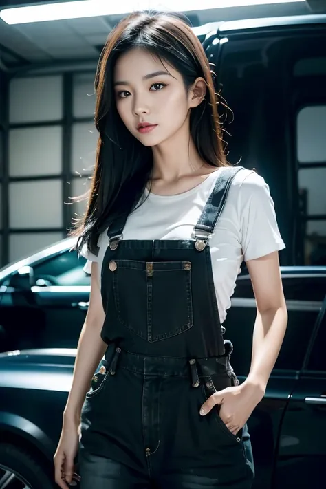 asian girl , Realistic photography style lighting,, , long black hairstyle, tattoo , hammer stand,Wear a black cap, Wear black sunglasses......, Wearing blue jeans overalls, At the car repair shop,Car repair,, background , nighttime,