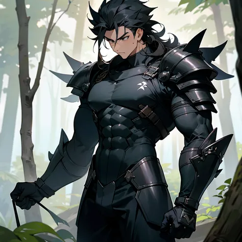 1male, , Wild hair black eyes, Black Combat Clothing, Armor Piece , standing in forest, muscular , Black Body Suit Underneath , muscular build , spiky hair , baggy pants , Wrist Guards