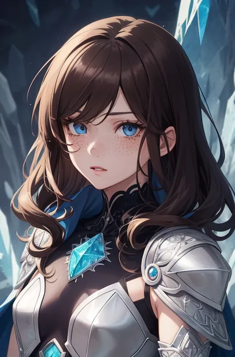 1girl, beautiful anime girl, short wavy brown hair, freckles. crystal armor, armor made of crystals, blue cape, long skirt, dark eyelashes, perfect eyes, perfect face, intricate, intricate details, epic, character portrait, cinematic portrait, anime, anime...