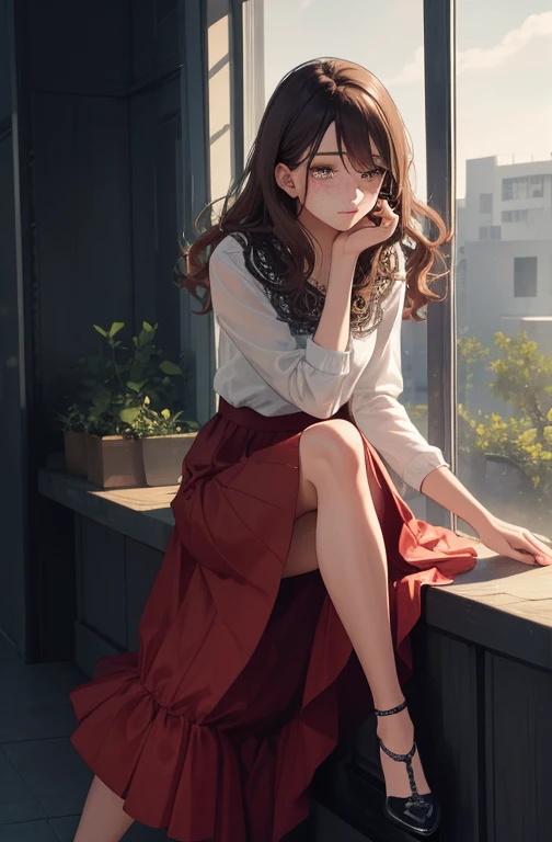 1girl, beautiful woman, medium wavy brown hair, freckles, dark eyelashes, perfect eyes, perfect face, long skirt, intricate, intricate details, anime, sitting down, legs crossed