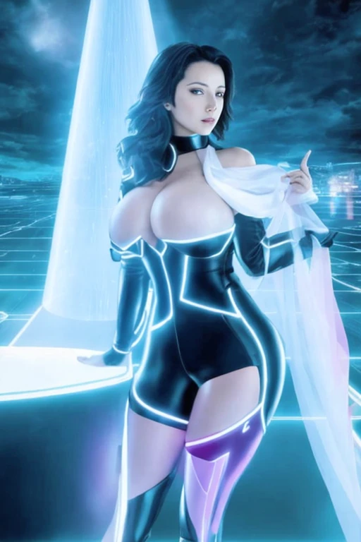 una mujer con un traje futurista parada sobre una superficie futurista, Legado de TRON, TRONO, Colores del legado de TRON, tron legacy jesus, Tron Legado,mejorar imagen, renderizar, 4 k, super detallada, hermosos hojos, piel perfecta, bien definida,8k，surr...